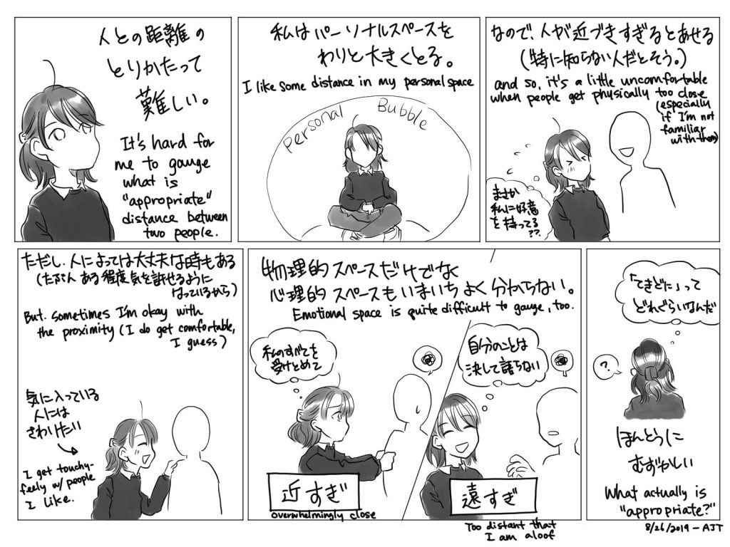 A six-panel comic about how I find it difficult to gauge personal distance, both physically, and emotionally.